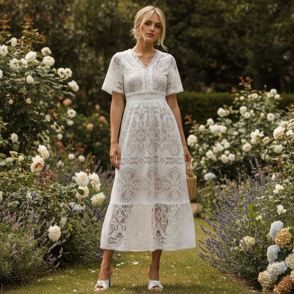 Lace midi dress- Smoked waistband, crochet lace trim